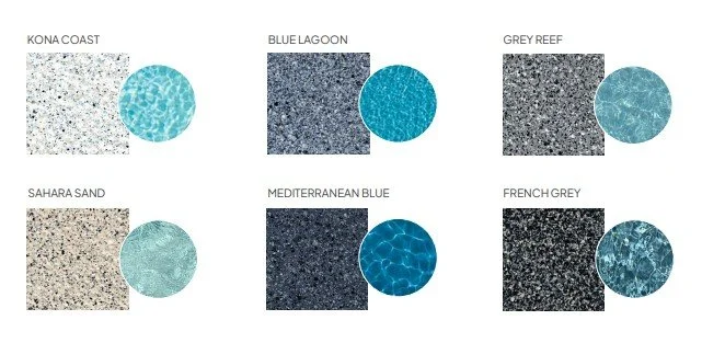 Color palette chart with six sections labeled Kona Coast, Blue Lagoon, Grey Reef, Sahara Sand, Mediterranean Blue, and French Grey, showing textured colors and matching circular swatches.