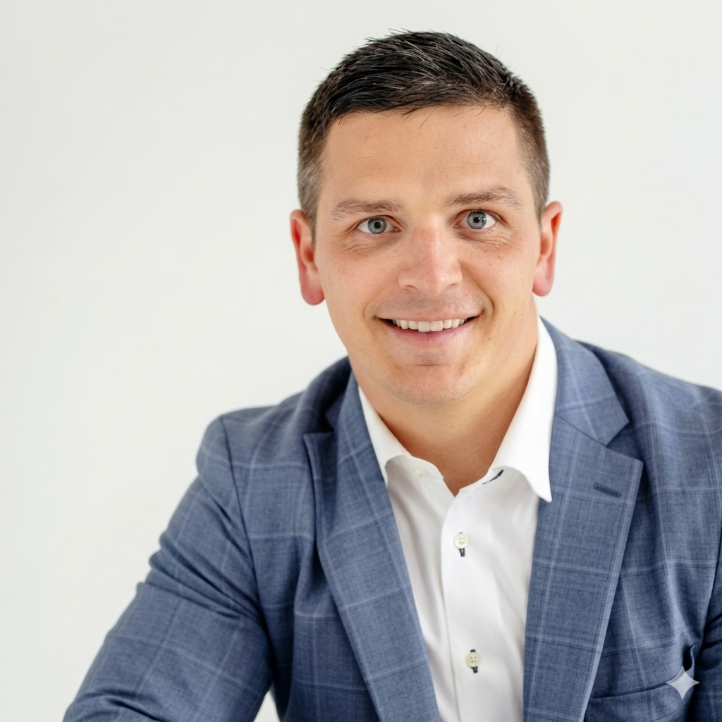 Headshot of a smiling man with blue eyes and short dark hair, wearing a light gray plaid blazer and a white shirt, against a white background.