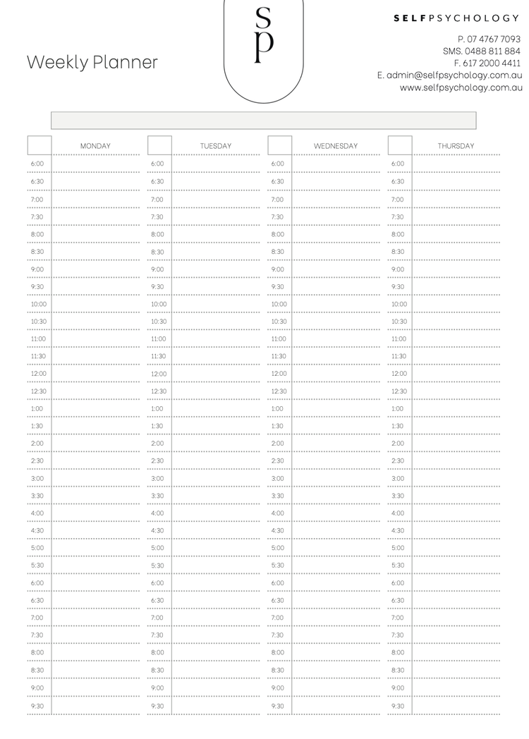 Weekly planner page with columns for Monday through Thursday, each divided into 30-minute intervals from 6:00 AM to 9:30 AM, with the title 'Weekly Planner' and a logo at the top reading 'SP.' contact information and website details are in the top right corner.