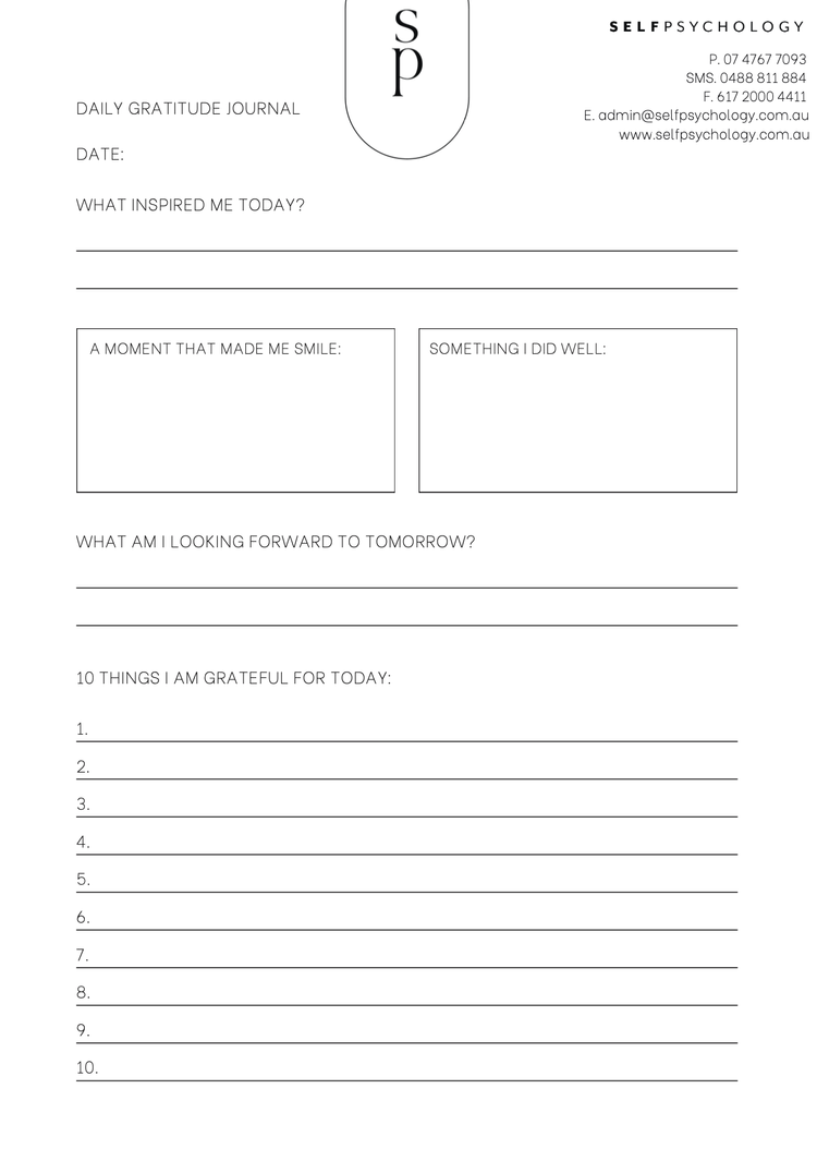A daily gratitude journal page from Self Psychology with sections for date, inspiring thoughts, a smile moment, a positive achievement, future anticipation, and ten gratitude items.