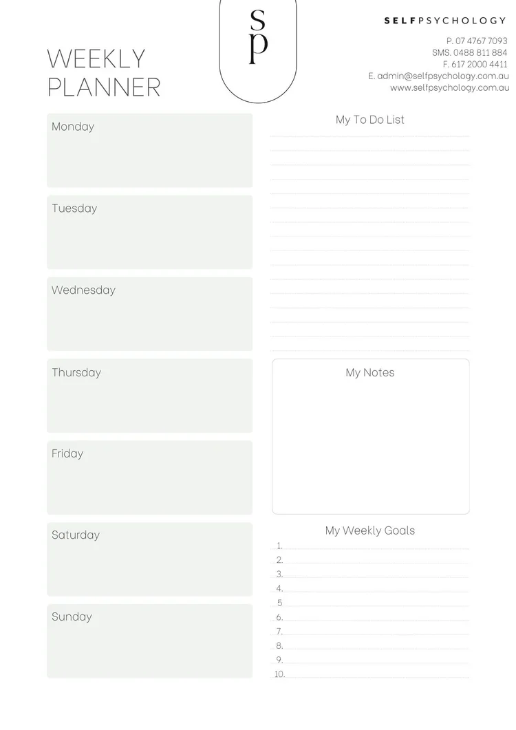 A weekly planner page with sections for each day of the week, a to-do list, notes, and weekly goals. The header includes the logo 'SP' and self psychology contact information.