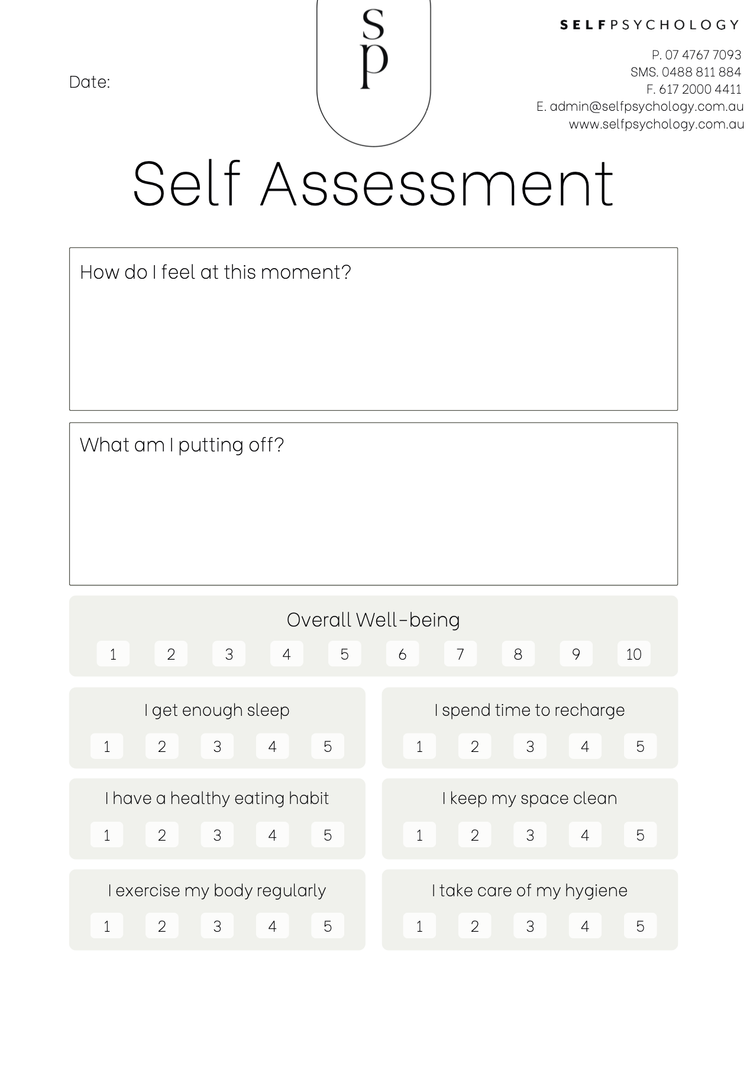 A self-assessment worksheet from Self Psychology with sections for feelings, what is being put off, and ratings for overall well-being, sleep, energy, diet, organization, exercise, and hygiene.