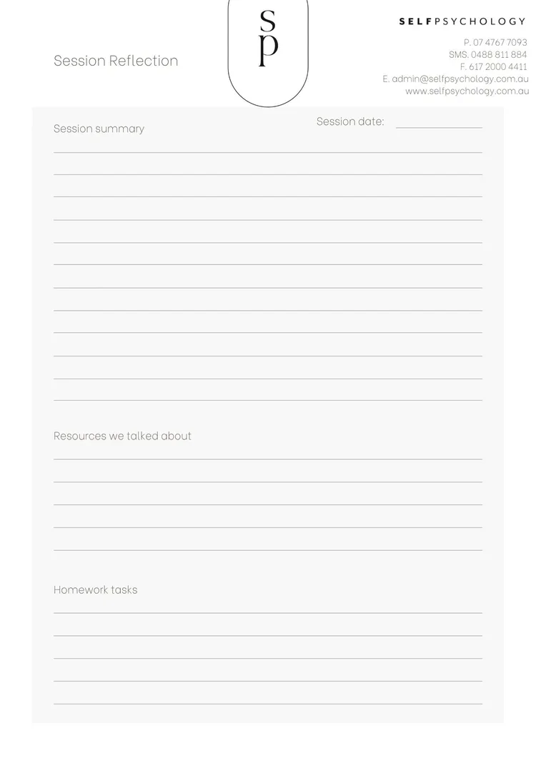 A session reflection sheet from Self Psychology, including sections for session summary, resources discussed, and homework tasks, with contact information at the top.