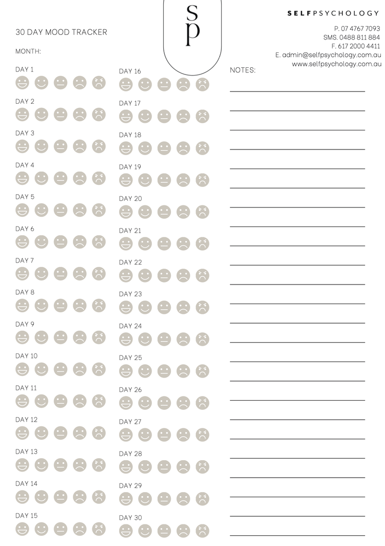 A 30-day mood tracker calendar with daily smiley face icons representing different emotions, and space for notes on the right side. The tracker is labeled 'Self Psychology' and includes contact information at the top.