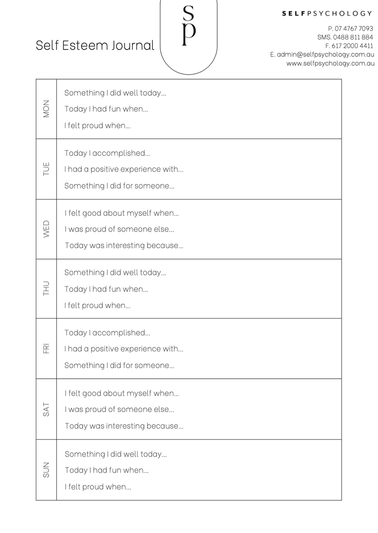 A printable Self Esteem Journal worksheet with daily prompts for each day of the week. The worksheet features the logo and contact information of Self Psychology at the top.