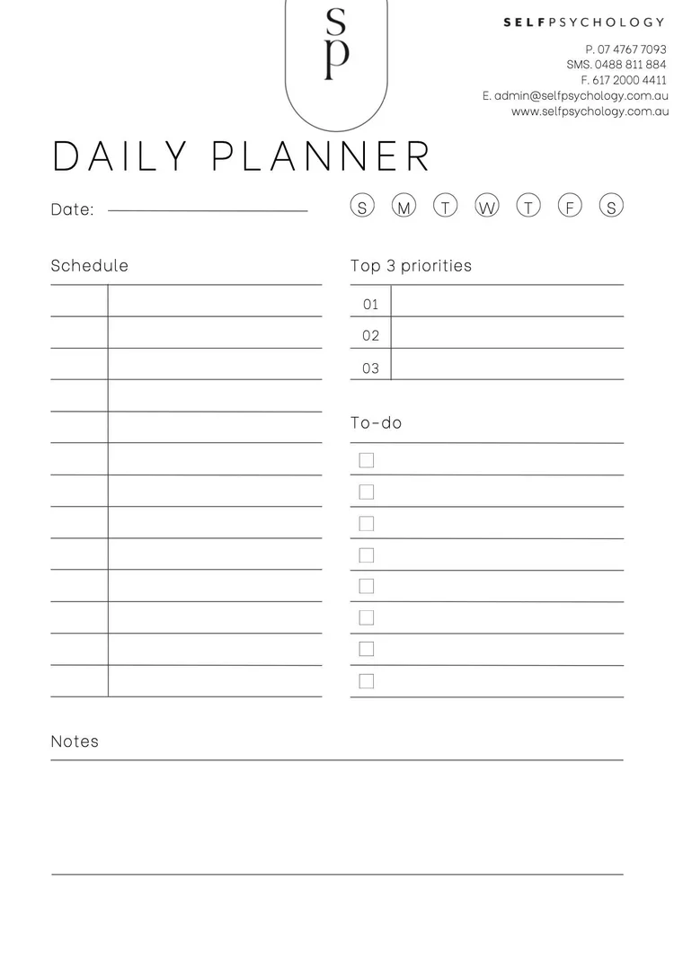 A black and white daily planner template with sections for date, schedule, top 3 priorities, to-do list, and notes. Company contact information is at the top right.