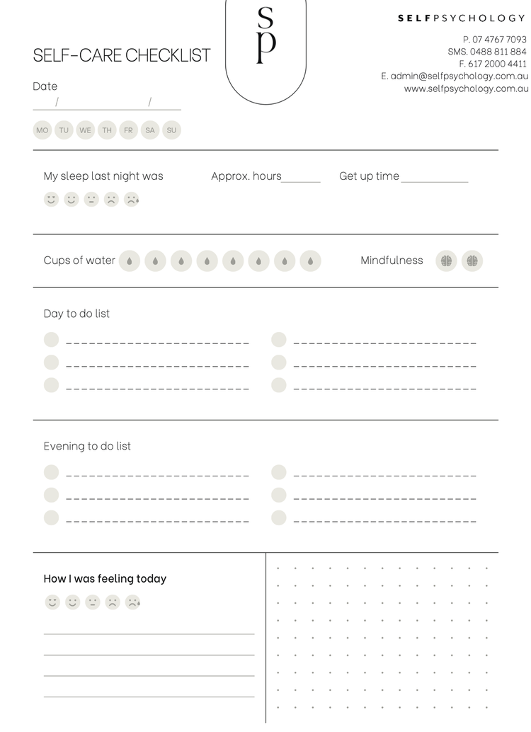 Self-care checklist template from Self Psychology with sections for date, mood, sleep, hydration, mindfulness, daily and evening to-do lists, and personal feelings.