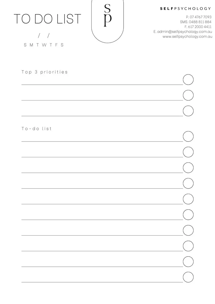 A printed To-Do List template with sections for top 3 priorities, a to-do list with multiple lines, and checkboxes on the right side of each list item. The header includes the words 'TO DO LIST', and contact information for Self Psychology, including phone, SMS, fax numbers, and email, with a website address at the bottom.