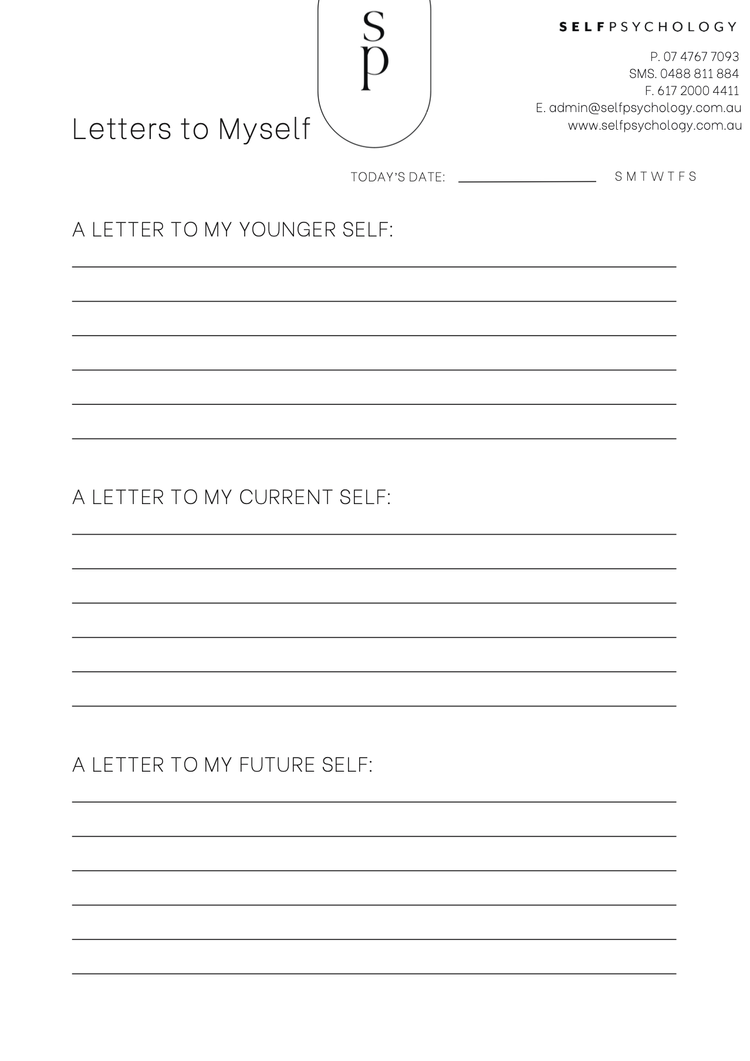 Template for writing letters to oneself with sections for 'Letter to Younger Self,' 'Letter to Current Self,' and 'Letter to Future Self,' including space for date and days of the week.