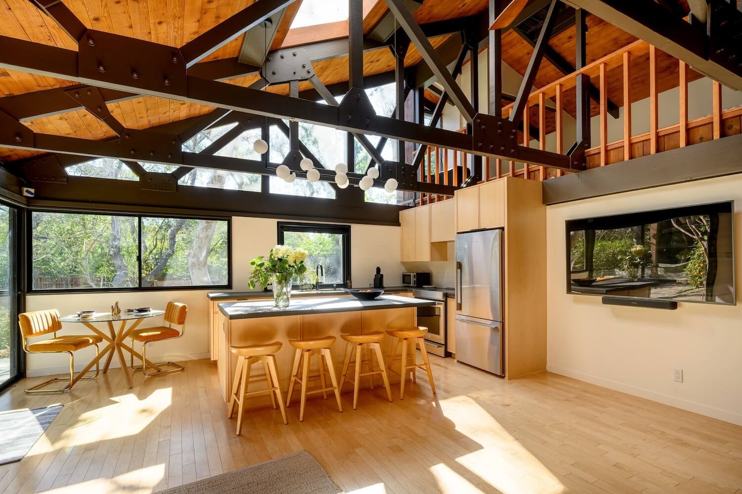 An interior perspective toward the kitchen core