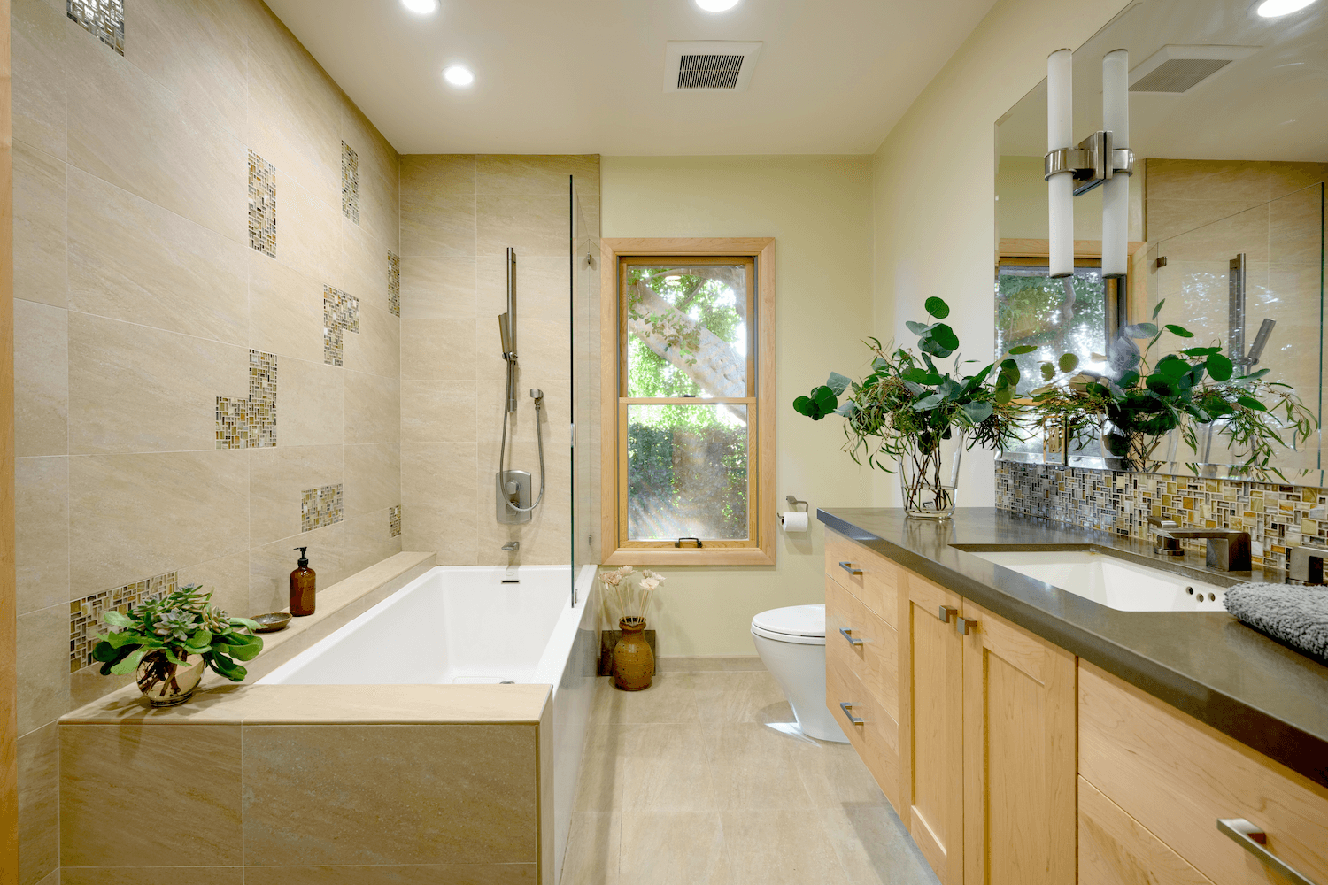 Primary bath rendered in a quiet, earthen palette; a minimalist sanctuary designed for grounding and calm