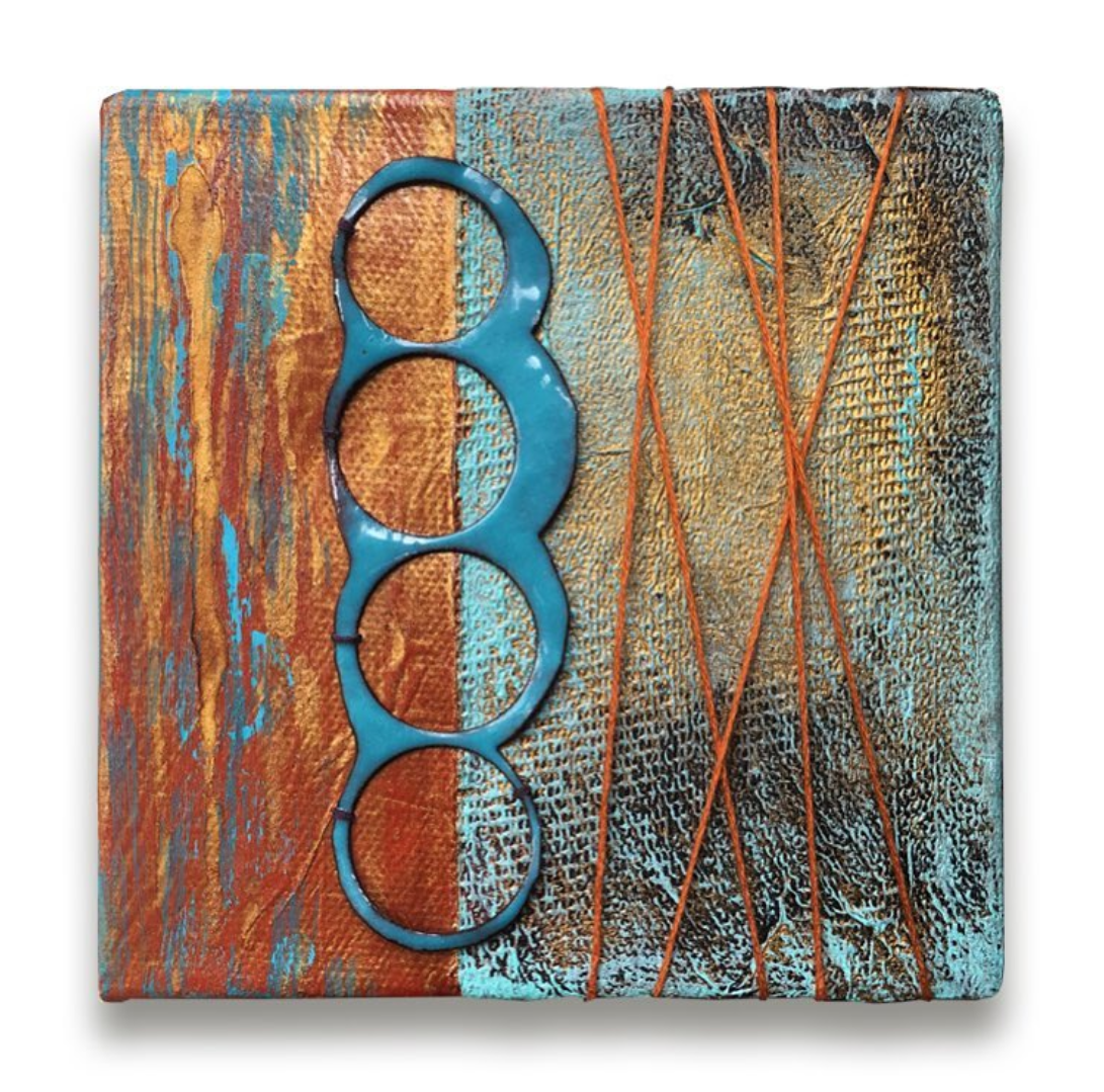 5 x 5. Paper, embroidery thread, thread, enameled copper, acrylic.