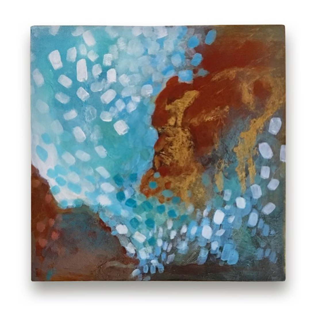 Otter Cliffs, 18 x 18. Acrylic, paper and  gold ink on canvas.