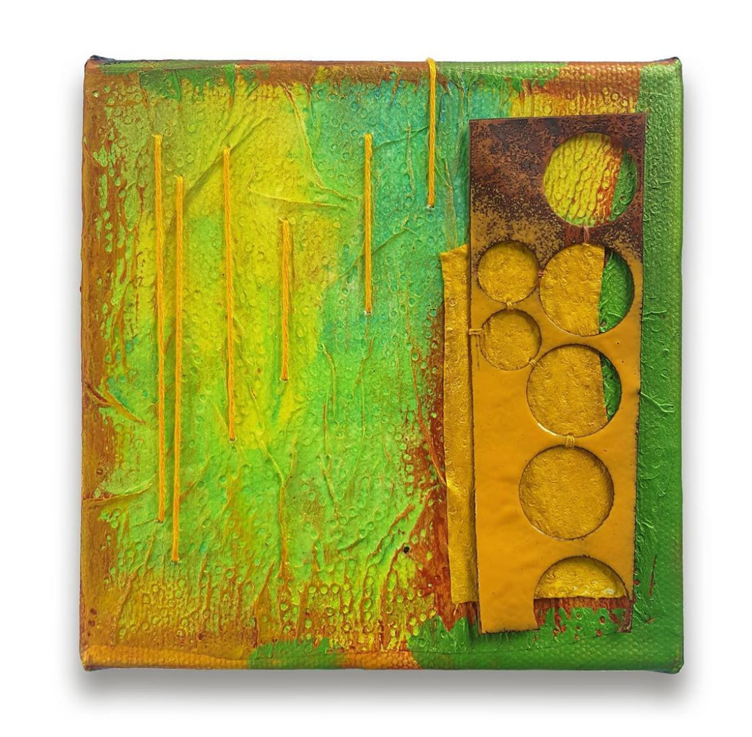Devonian Fern, 5 x 5. Textured paper, enameled copper, embroidery, acrylics