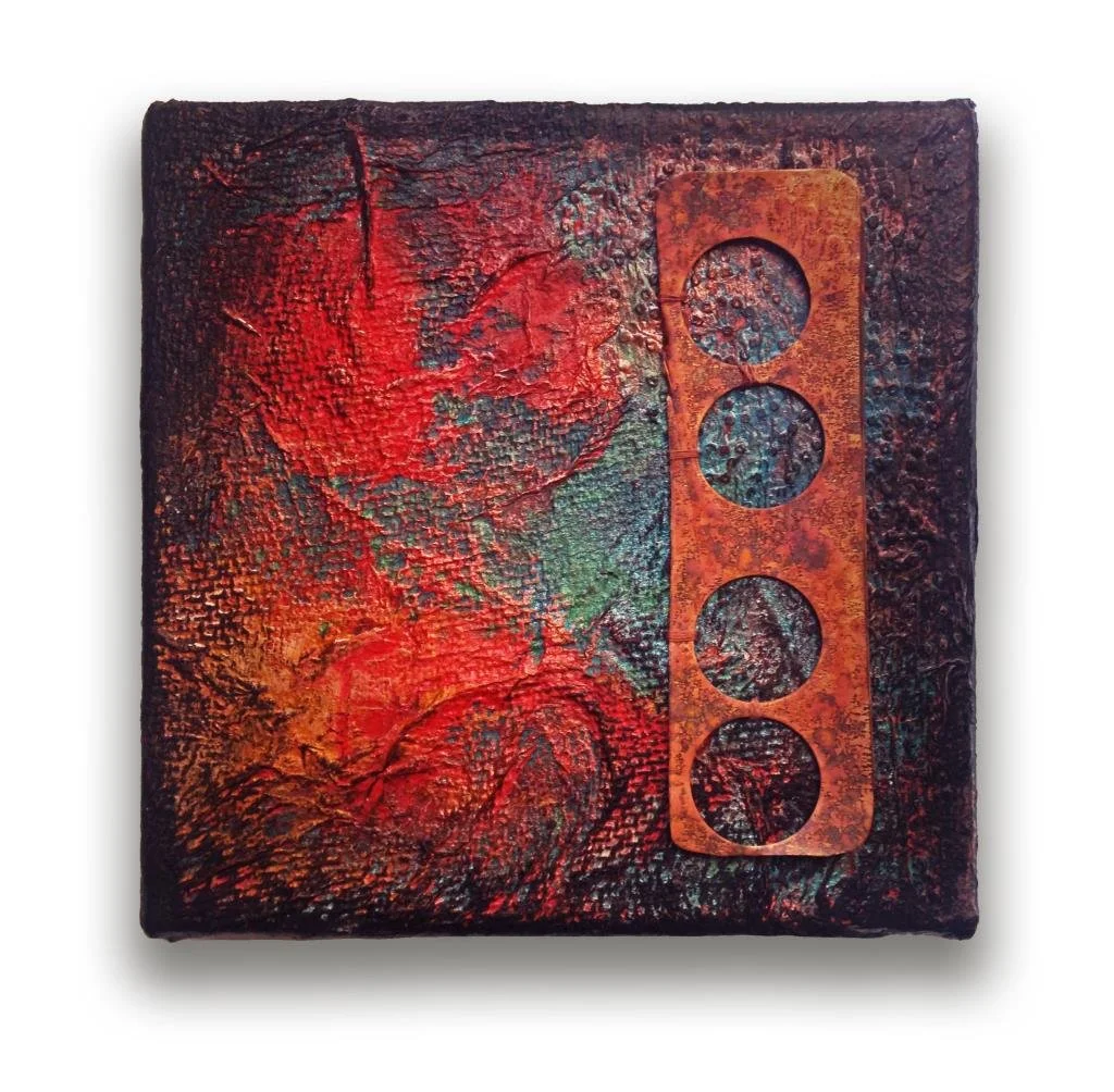 5 x 5. Paper, acrylic, fired copper, embroidery thread.