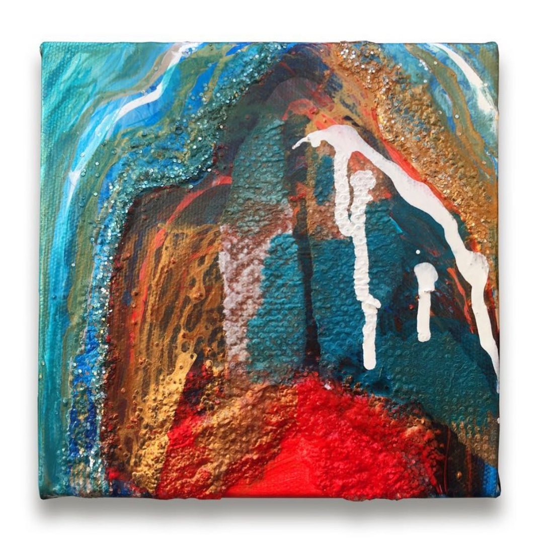 Fire & Ice, 5 x 5. Paper, fluid acrylics, glitter, gold ink.