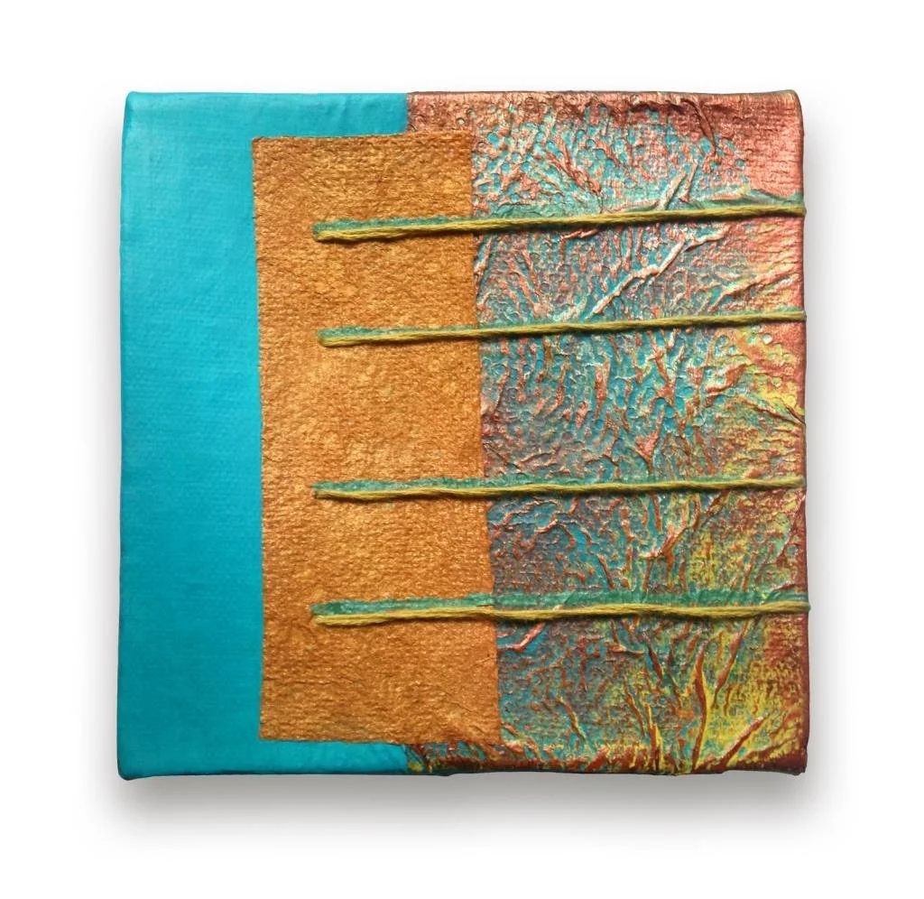 Earth Lines, 5 x 5. Embroidery, paper, acrylic on canvas.