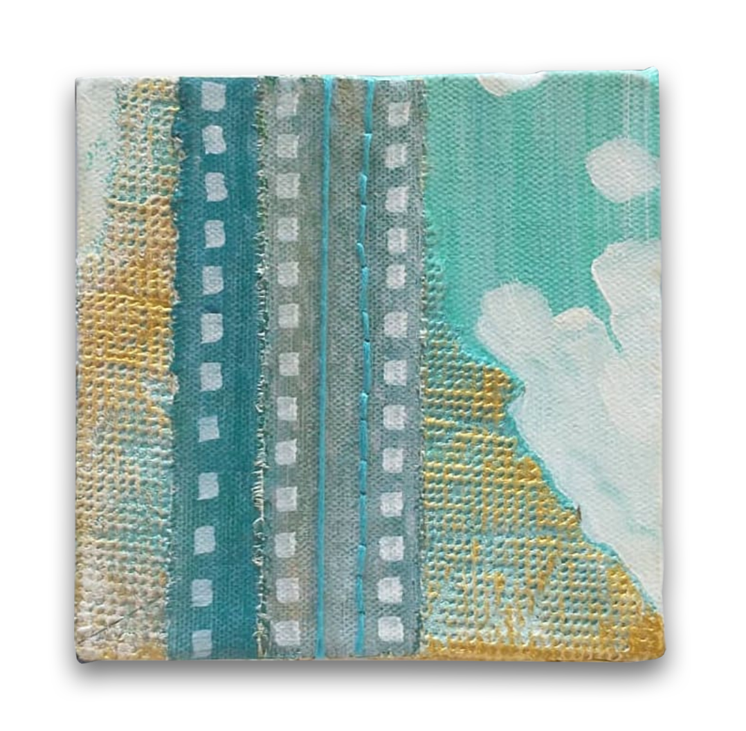 Tidal Flat, 5 x 5. Paper, canvas strips, embroidery, acrylic.
