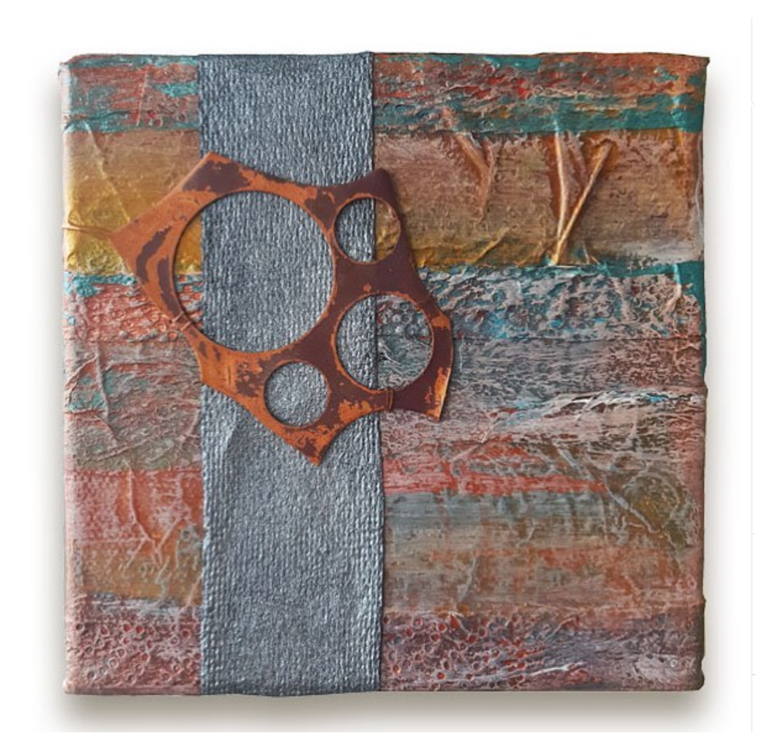 Fossil Cliffs, 5 x 5. Fired copper, textured paper, acrylic
