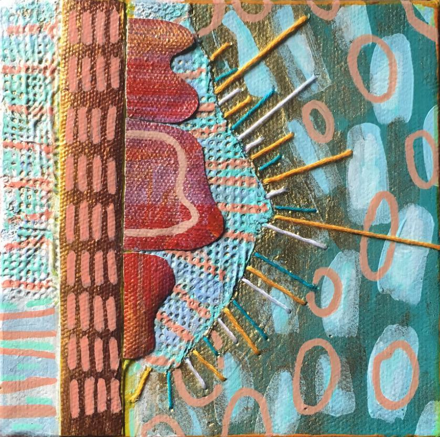 5 x 5. Canvas, paper, acrylic, paint pen on canvas.