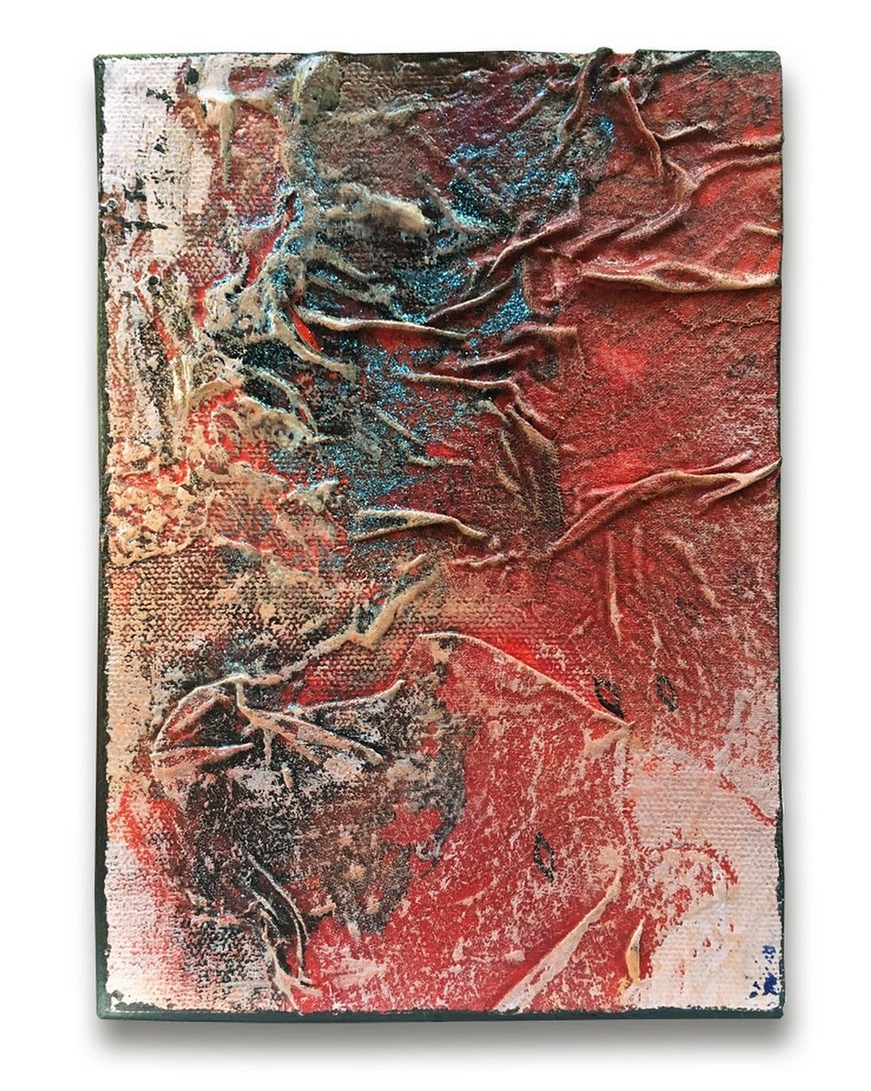 Series, 6 x 9. Recycled fabric, acrylic, glitter, pen.