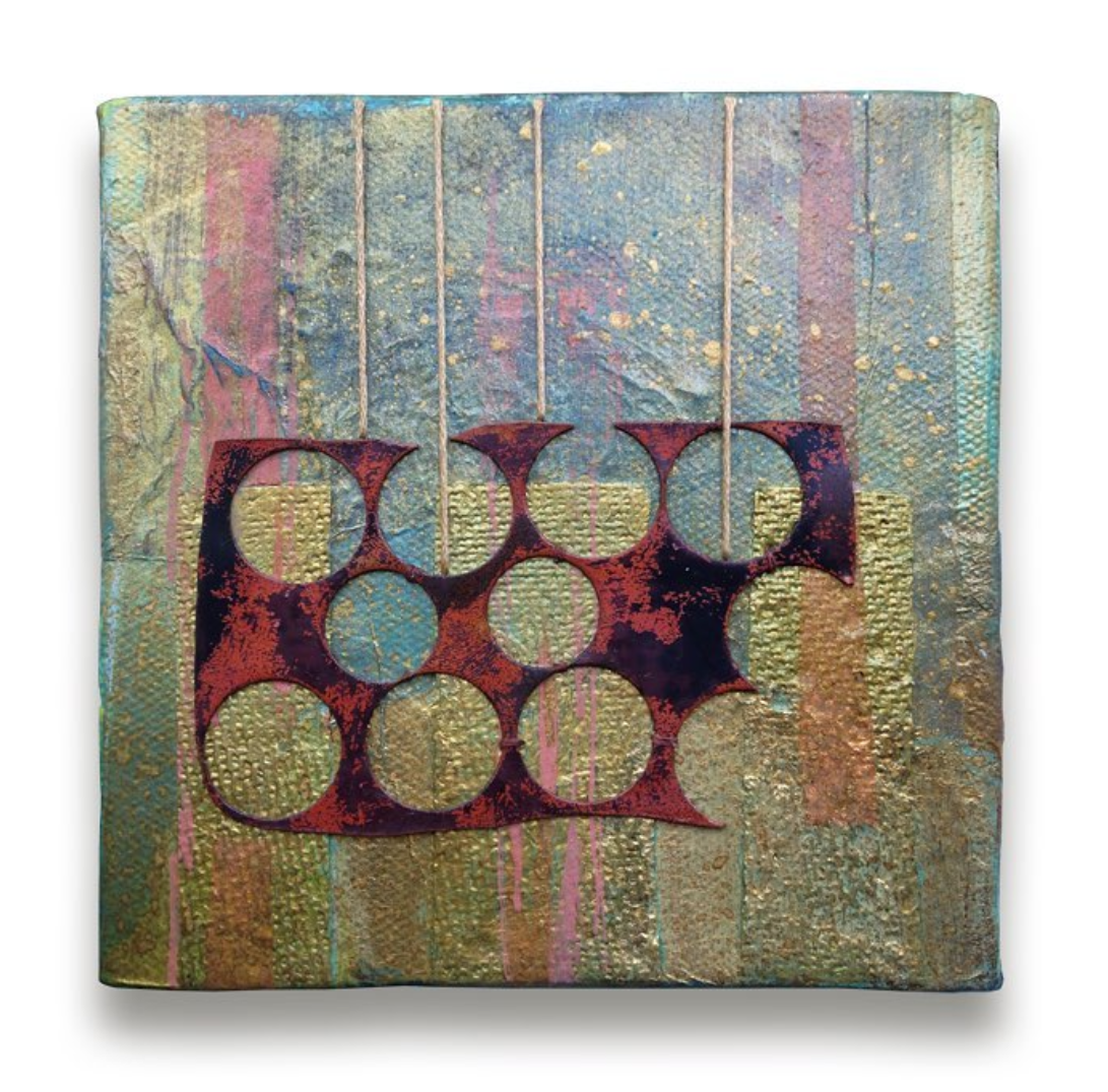5 x 5. Paper, acrylic, fired copper, embroidery thread.