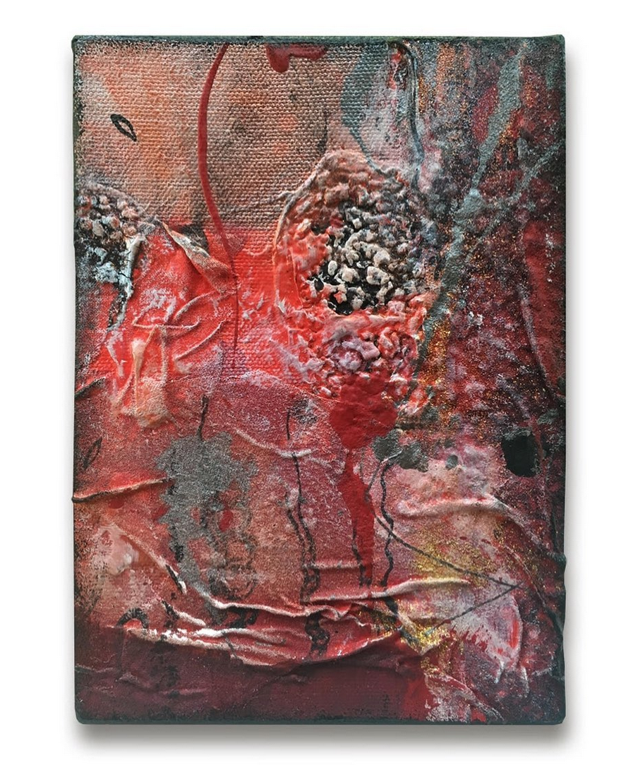 Series, 6 x 9. Recycled fabric, acrylic, glitter, pen.