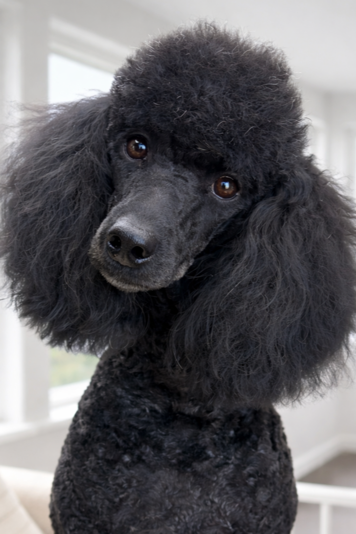 Close-up of a black poodle with curly hair and expressive brown eyes, indoors with a window in the background.