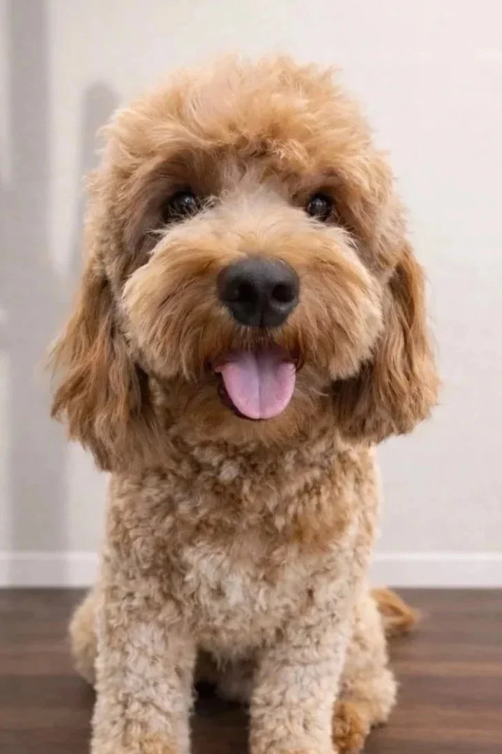 A happy, curly-haired brown dog with a black nose and tongue out, sitting indoors on a wooden floor.