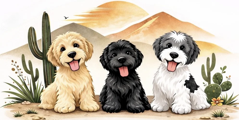 Three cartoon puppies sitting in a desert landscape with cacti and mountains in the background.