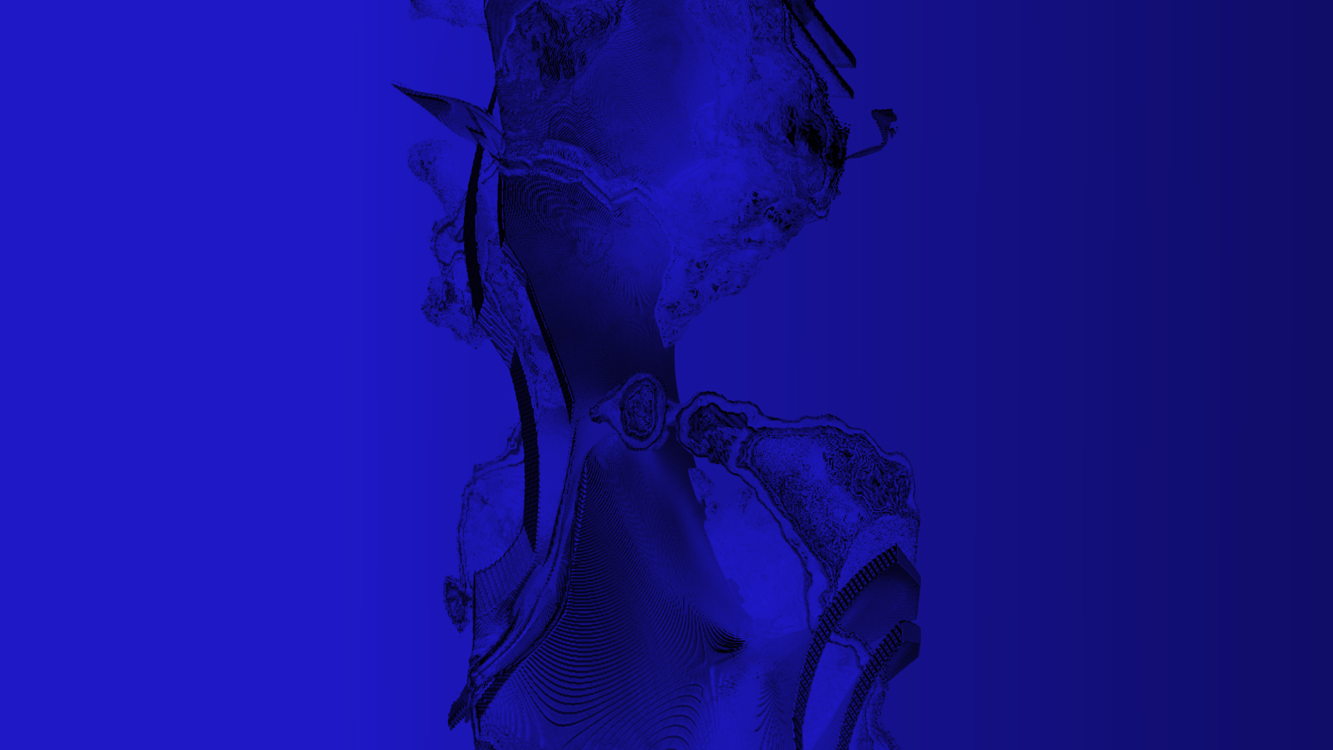 Abstract deep-blue point-cloud figure from the Revved 2026 Engineering Change identity, interpreting AI and human change.