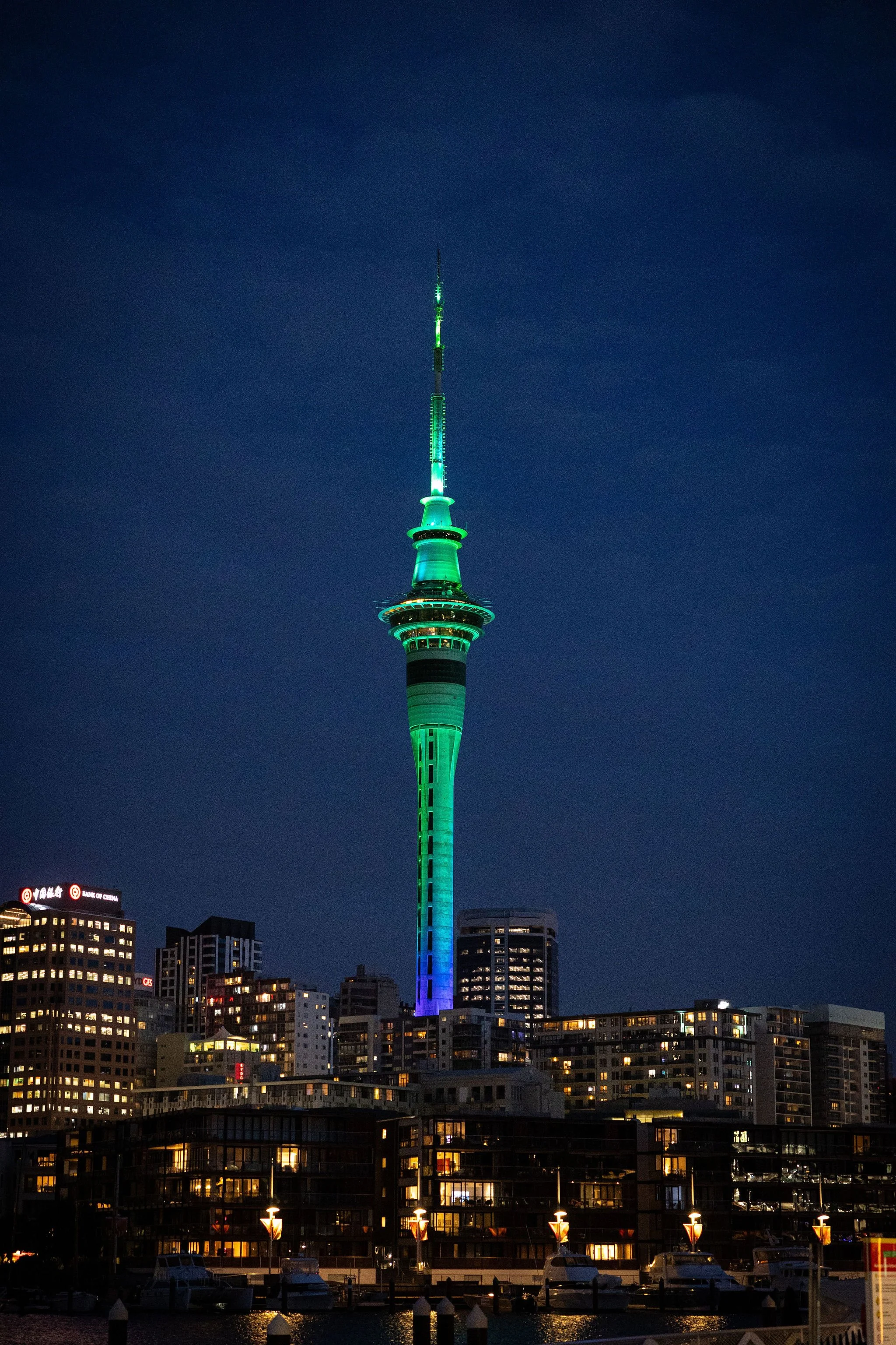 Night view of Auckland Sky Tower illuminated with green, blue, and purple lights, surrounded by city buildings and a marina with boats.