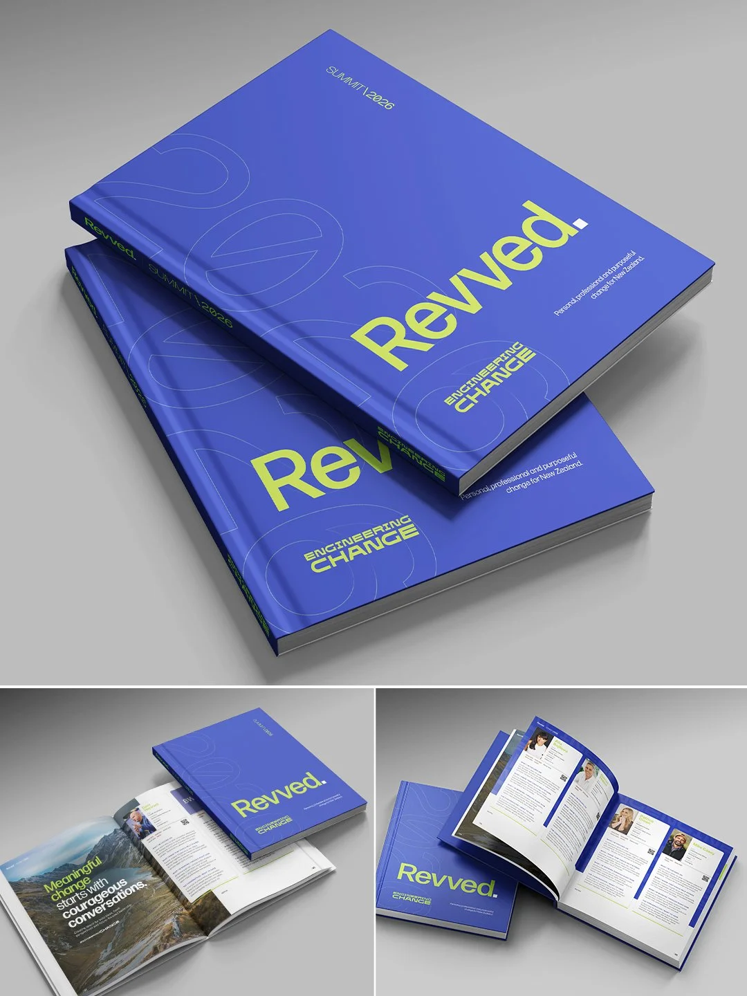 Printed Revved 2026 Drivers Book mockups — stacked covers and open spreads, one reading "Meaningful change starts with courageous conversations".
