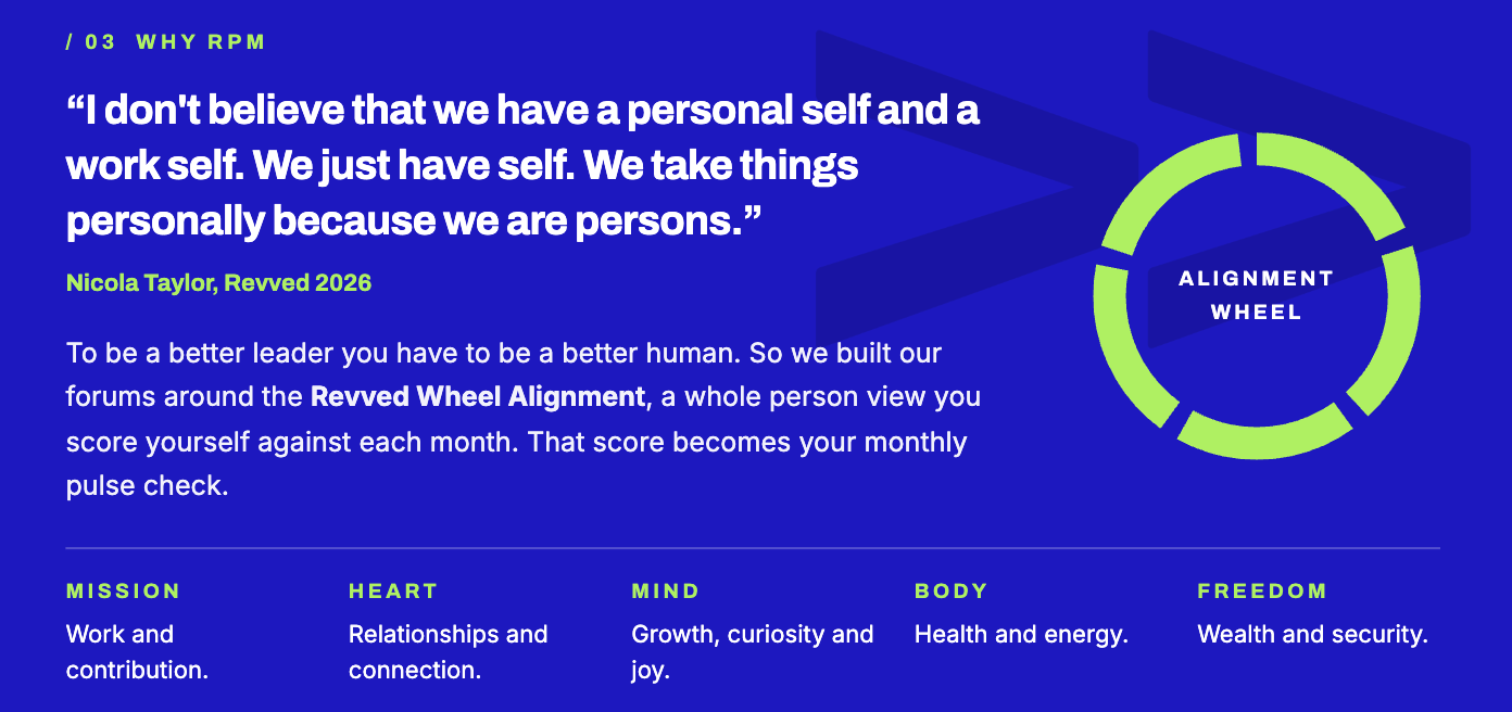 The Revved wheel alignment is based on mission, heart, mind, body, because as Nicola Taylor said "I don't believe we have a personal self and a personal self. We just have self"