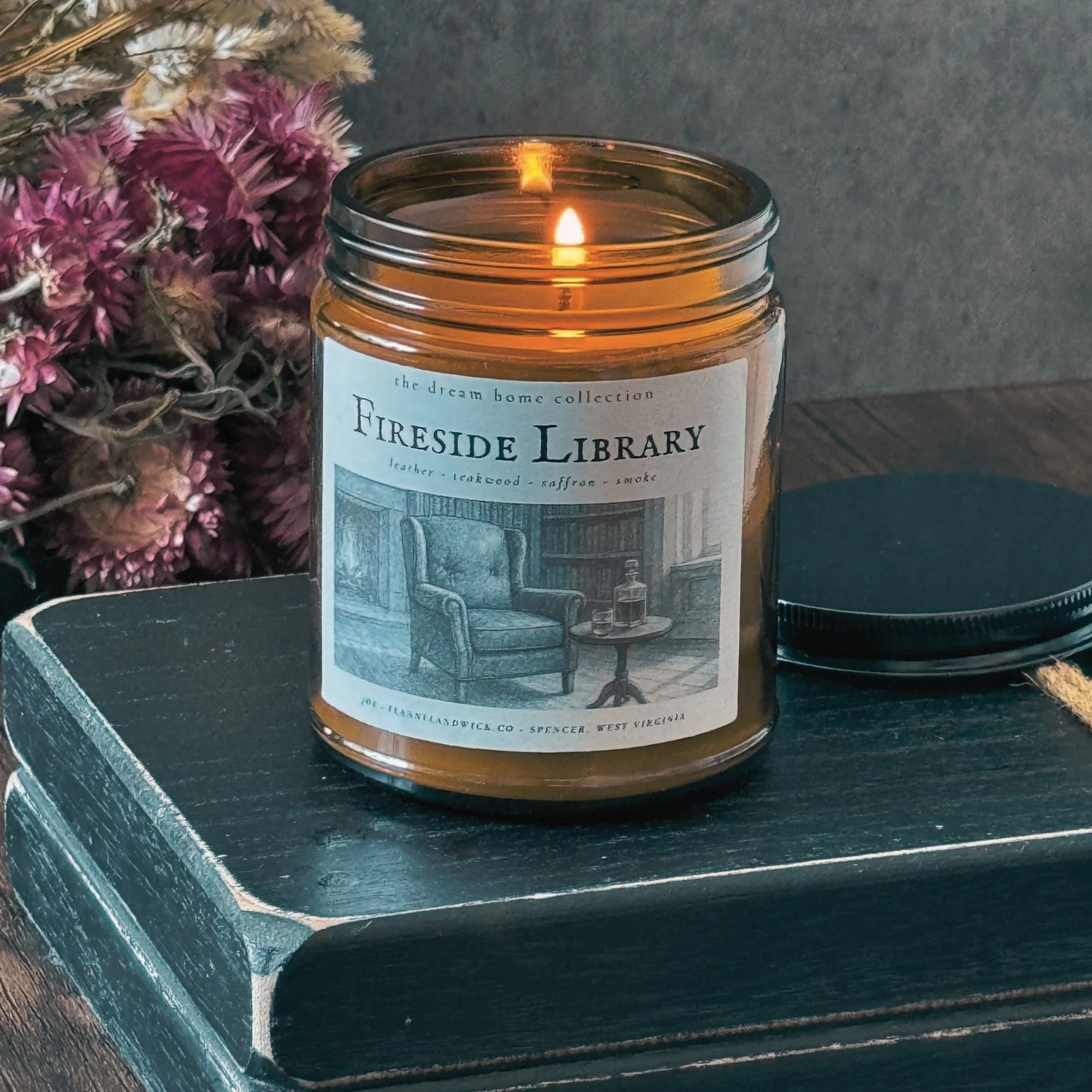Fireside Library 7oz Soy Candle Flannel and wick timothy p. livingston