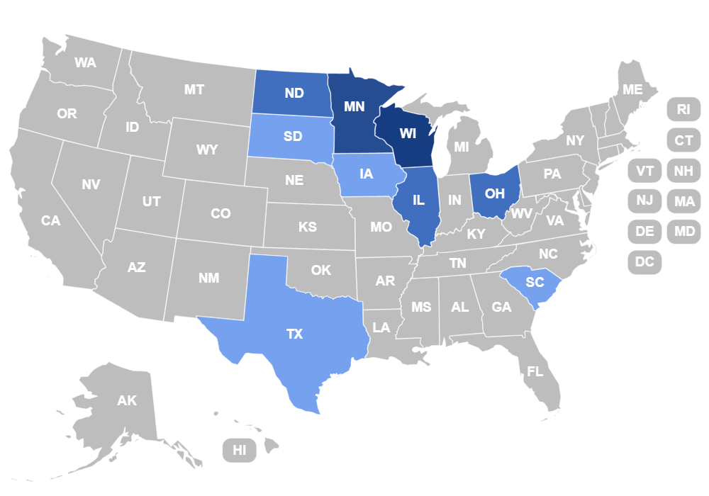 Map of the United States with certain states highlighted in blue, indicating a specific category, and others in gray, indicating another.