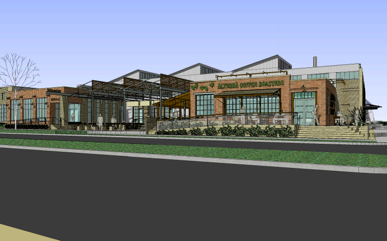 Digital rendering of a modern coffee shop building with outdoor seating, brick and metal exterior, and a sign that reads 'Alterra Coffee Roasters.'