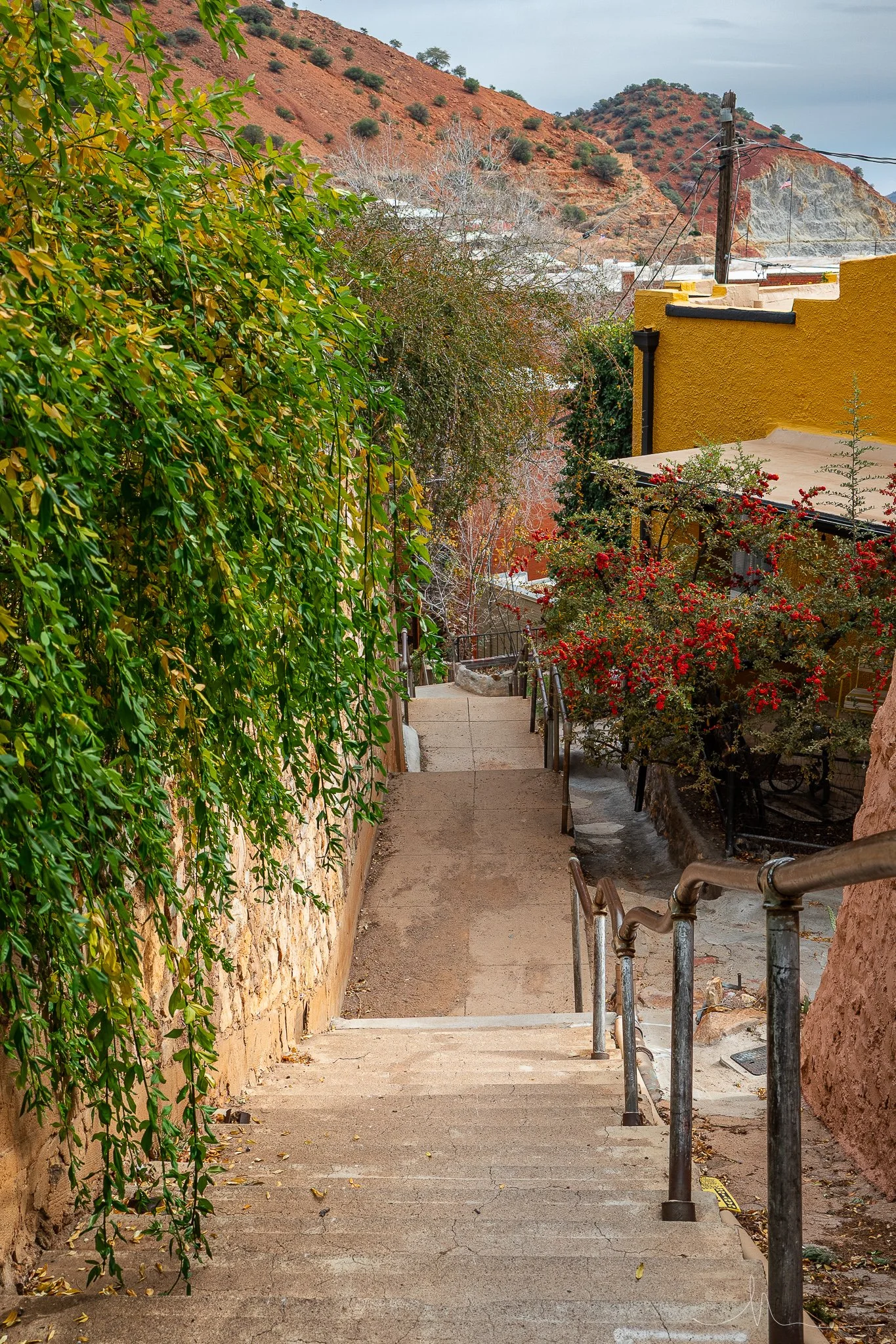 A pathway with stairs and railing descending through a residential area with trees, a yellow house, and hills in the background.