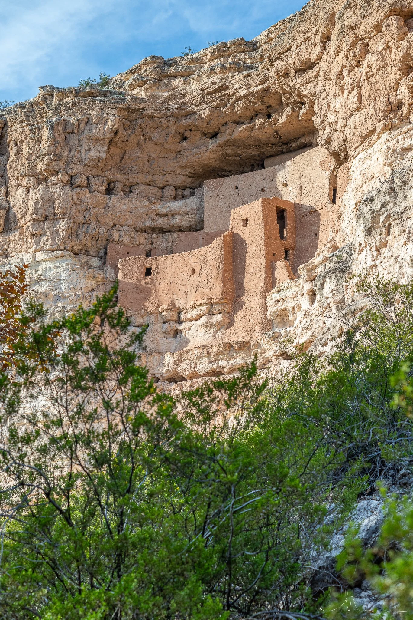 Ancient cliff dwelling built into a rocky cliffside, surrounded by desert vegetation under a blue sky.