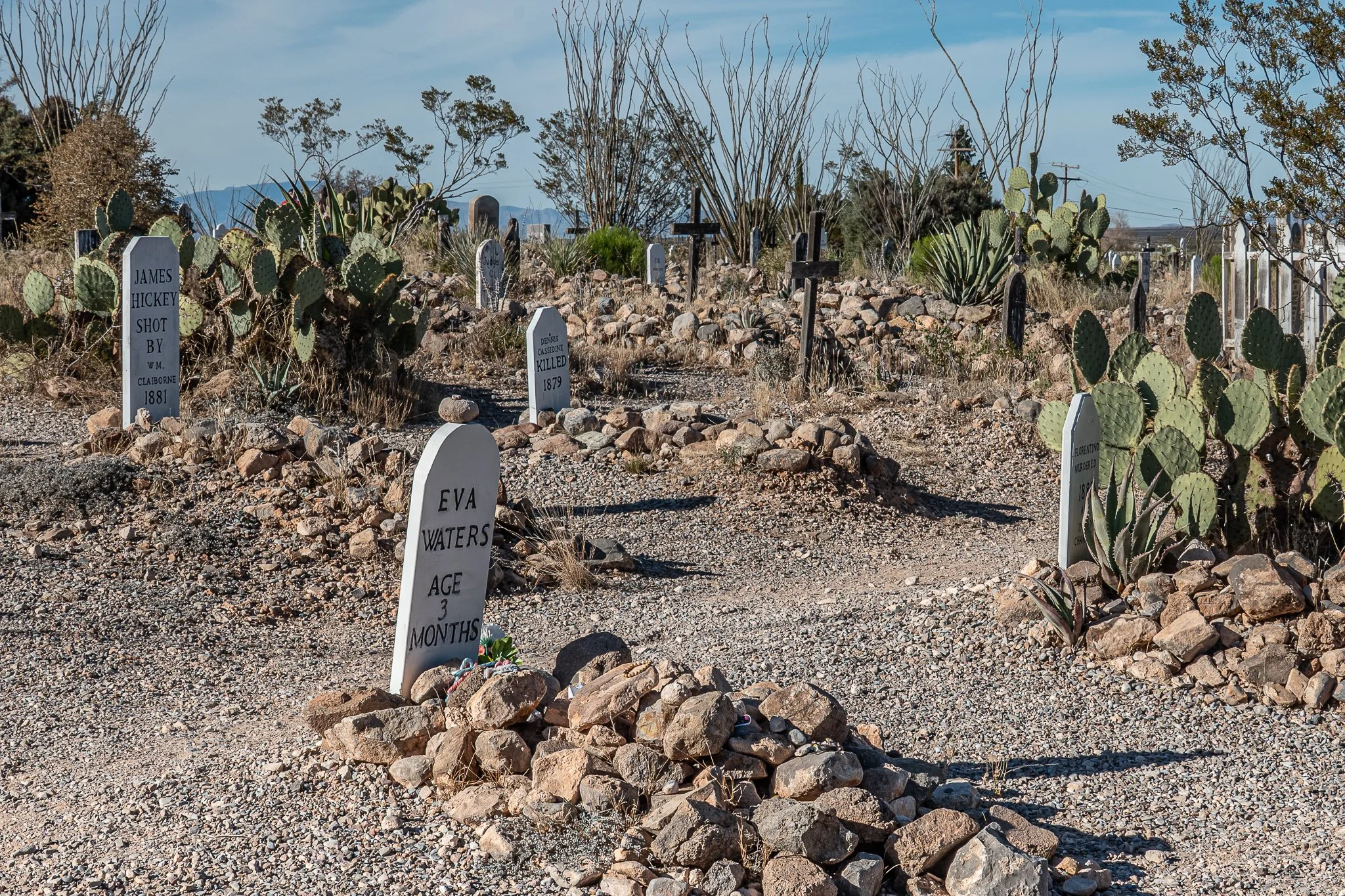 Desert graveyard with multiple tombstones, some with crosses, surrounded by cacti and dry shrubs, under a blue sky.