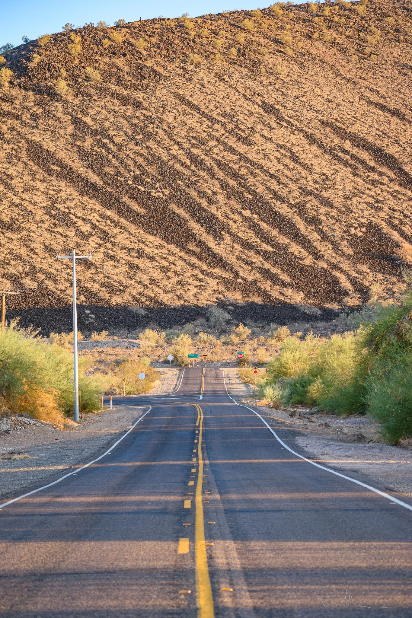 A two-lane desert road with yellow dividing lines, lined with sparse green bushes, leading toward a mountain in the background with dry, brown vegetation.