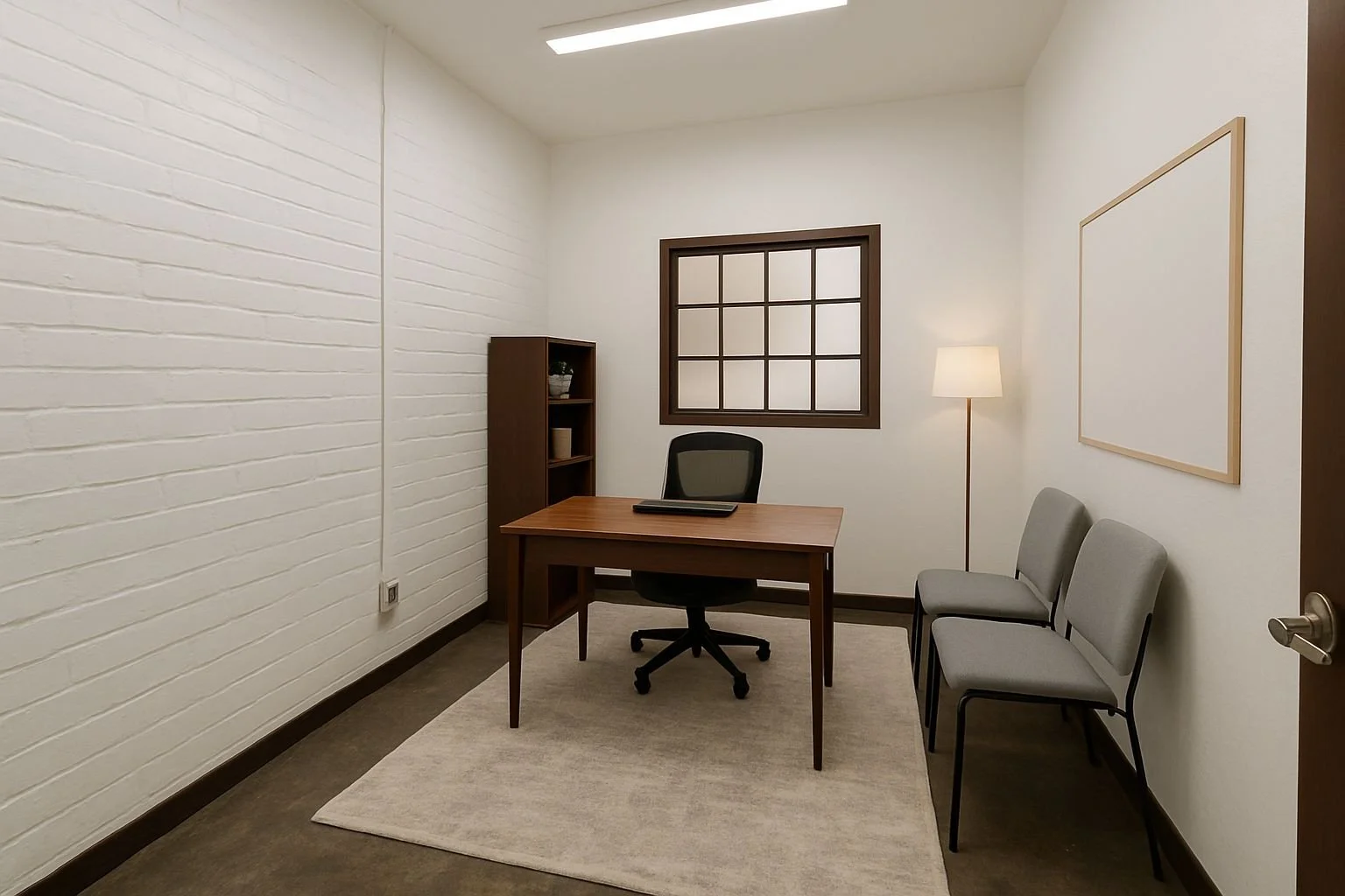 An office with a wooden desk, black office chair, small bookshelf, floor lamp, and two gray chairs against the wall, beige rug, and a window with a grid pattern.