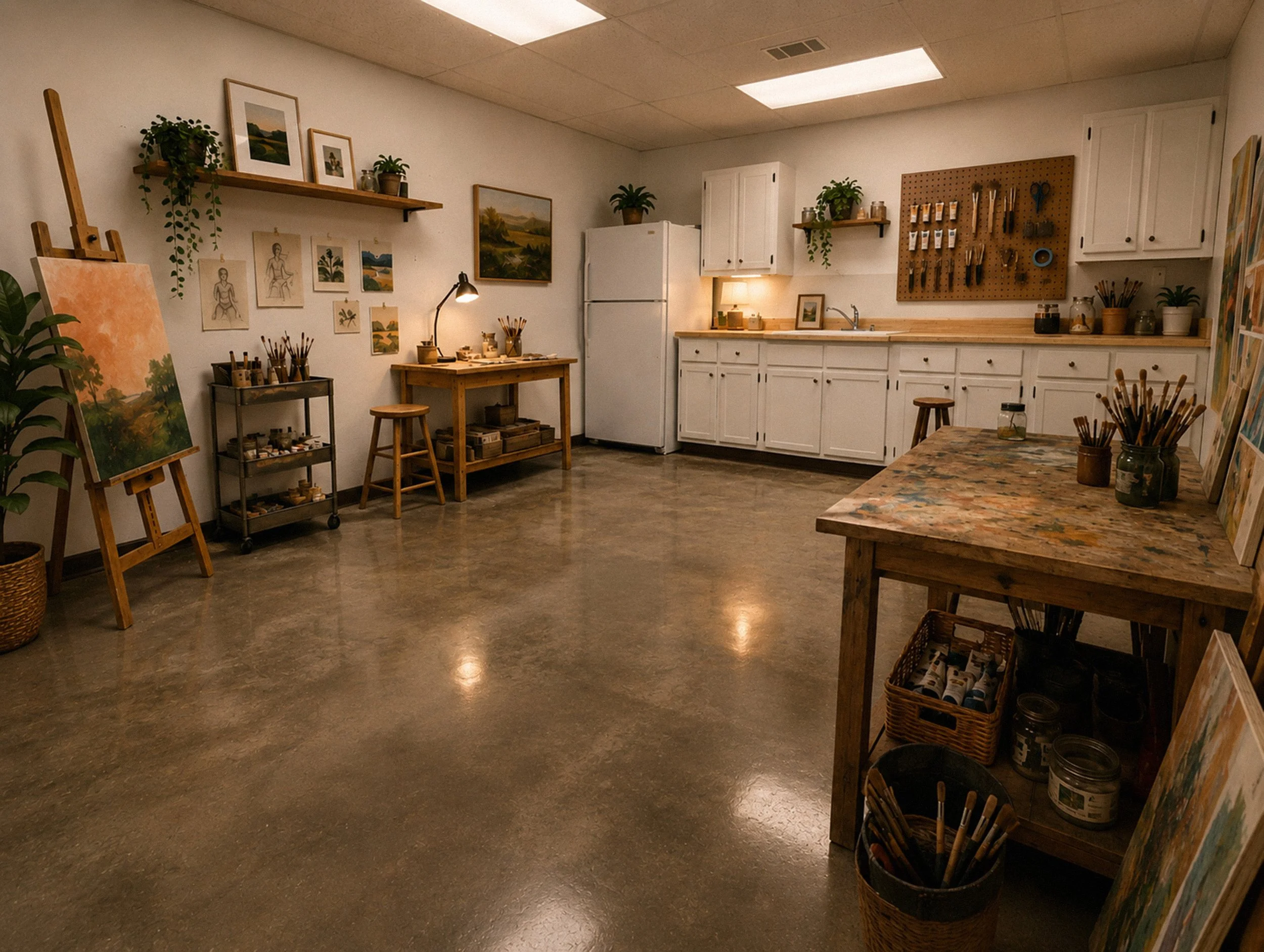 A cozy art studio with a white refrigerator, white cabinets, and a pegboard holding various paint brushes and tools. The room features a wooden table with jars of paintbrushes, paintings on easels, framed landscape and figure art, and shelves with po