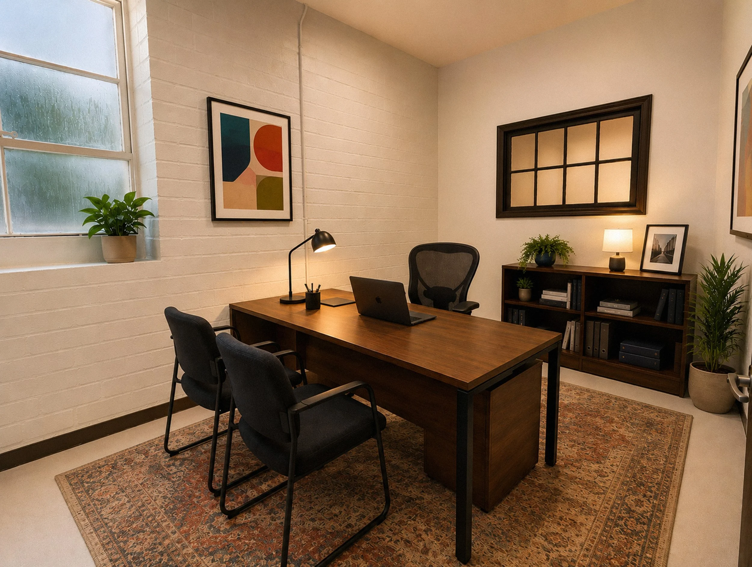 A modern office with a wooden desk, black chairs, a work lamp, a potted plant, artwork on white brick wall, window with frosted glass, bookshelf with books, framed pictures, table lamp, and an rug.