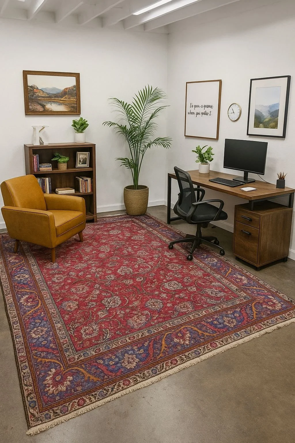 A home office with a red patterned rug, mustard yellow armchair, wooden bookshelf with books and decorative items, large potted plant, wooden desk with a computer, potted plant, and office supplies, black office chair, framed landscape pictures, a clock, and wall art on white walls.