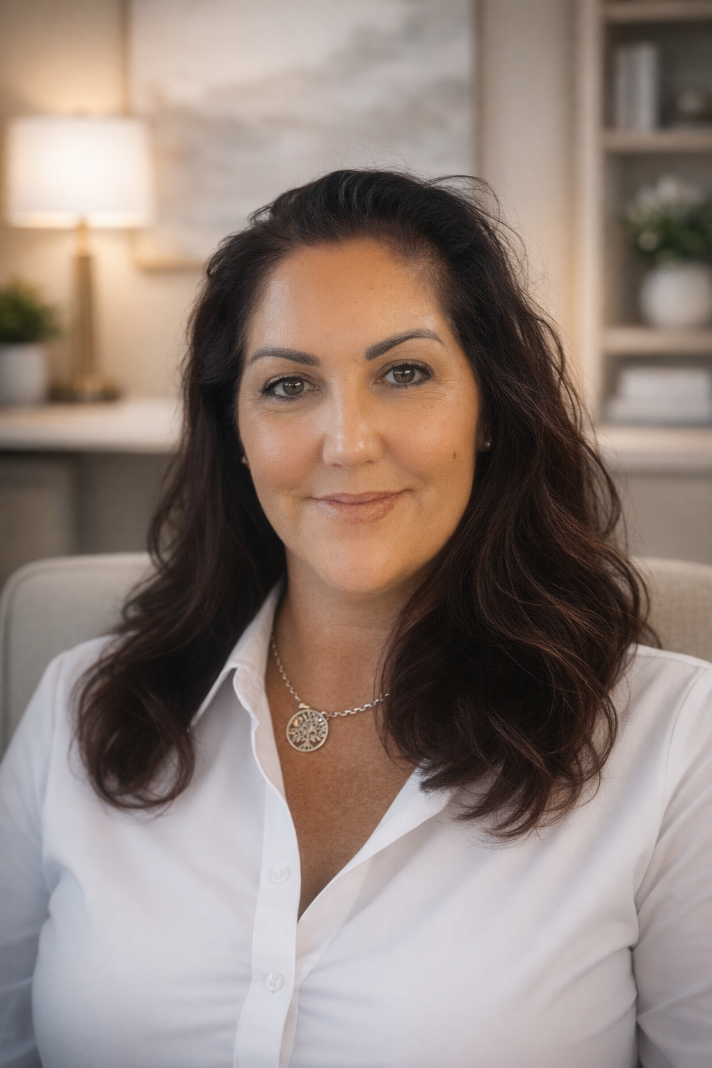 A woman with dark, wavy hair wearing a white collared shirt and a silver necklace, sitting in a cozy, well-lit room with a lamp and shelves in the background.