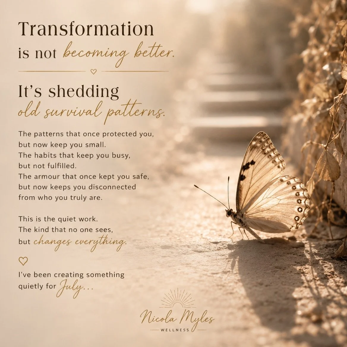 Maybe transformation is not about becoming someone new.

Maybe it&rsquo;s about slowly shedding the survival patterns that no longer feel true.

The overthinking.
The proving.
The armour.
The constant pressure to keep going.

And returning to yoursel