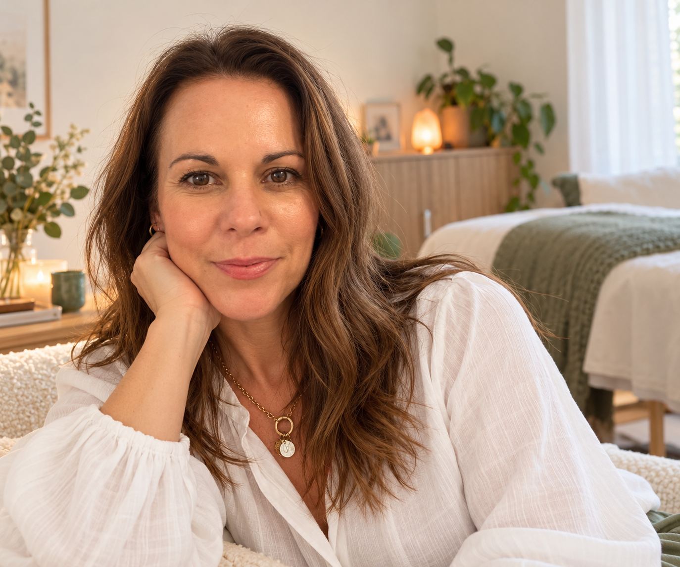 A woman with brown hair, wearing a white blouse and gold jewelry, relaxing in a cozy, well-lit bedroom with plants and decorative pillows.