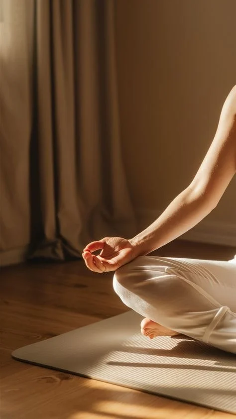 Person sitting cross-legged on a yoga mat in a peaceful indoor setting, practicing meditation or mindfulness.