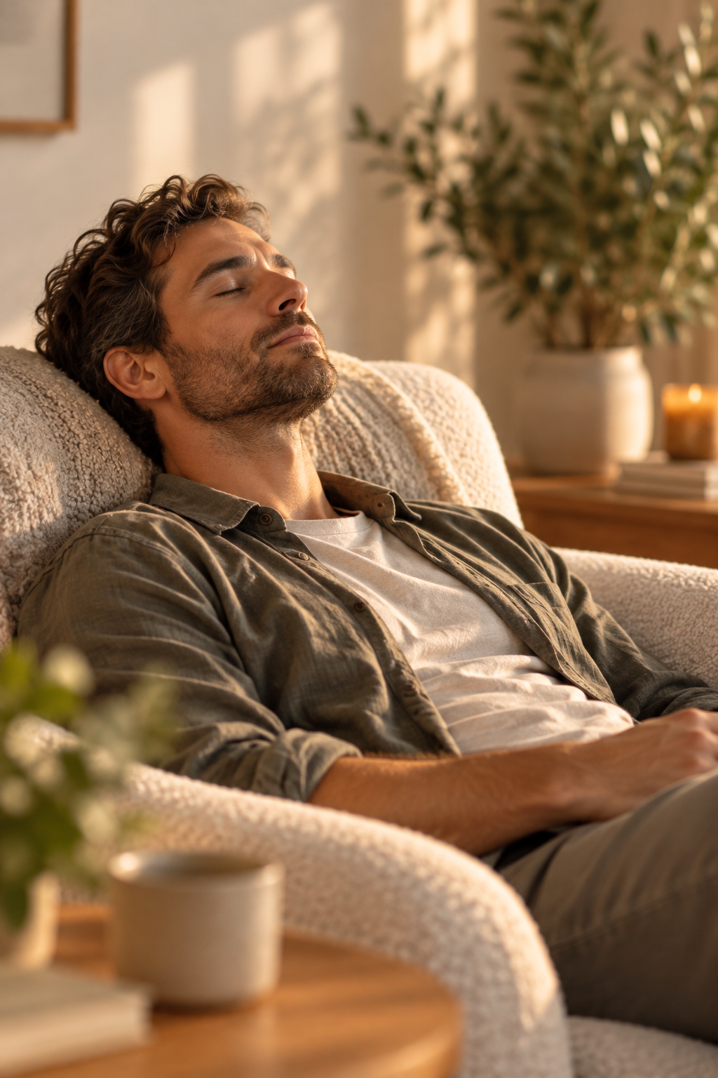 A man with brown hair and a beard relaxing with his eyes closed on a beige couch in a warmly lit living room.